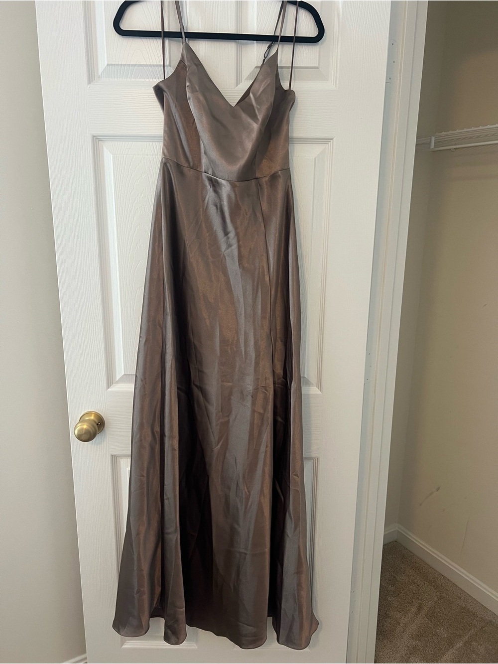 Birdy Grey Satin V-Neck Spaghetti Strap Maxi Dress in Taupe